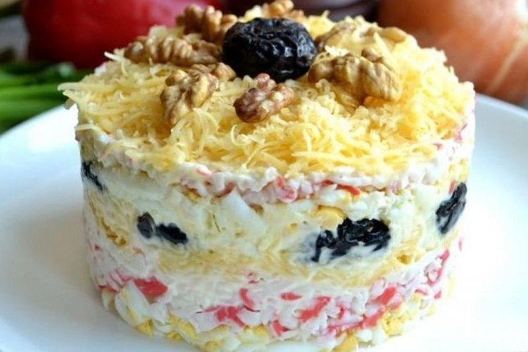 Layered Crab Stick, Prune, and Walnut Salad