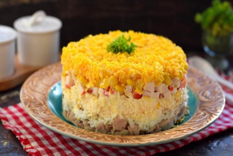 Layered Crab Stick and Chicken Salad