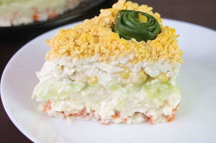Layered Crab Stick, Corn, and Cucumber Salad