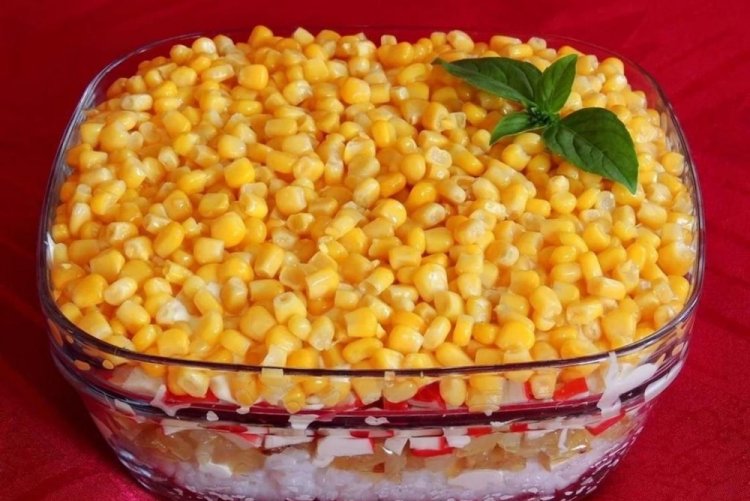 Layered Crab Stick, Rice, and Vegetable Salad