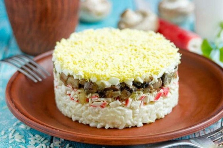 Layered Crab Stick and Fried Mushroom Salad