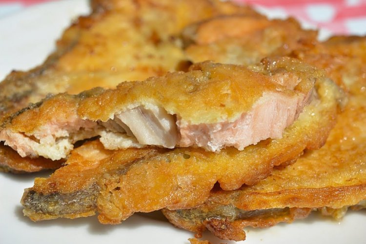 Pink Salmon in Batter in a Frying Pan