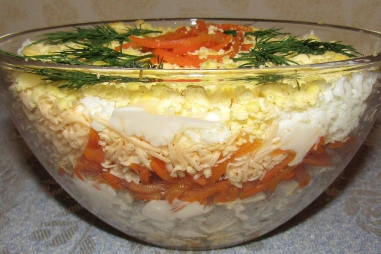 Layered Salad with Korean Carrots and Smoked Chicken