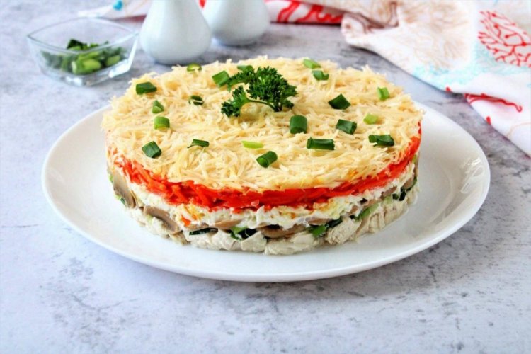 Layered Salad with Korean Carrots and Pickled Mushrooms