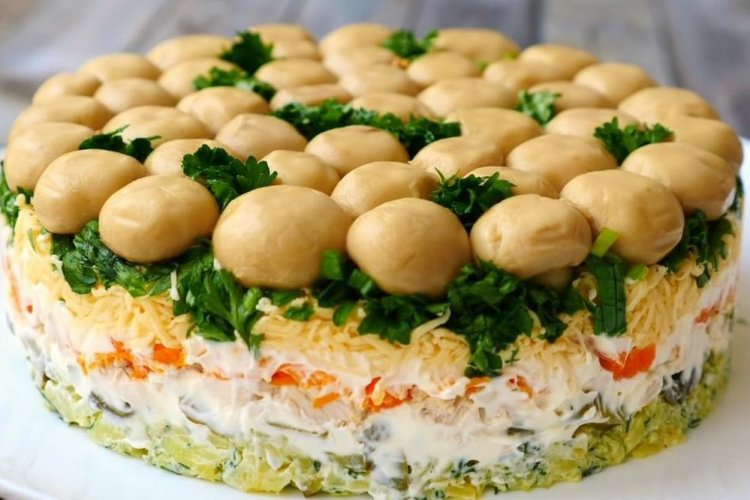 Layered Salad with Sausage and Korean Carrots