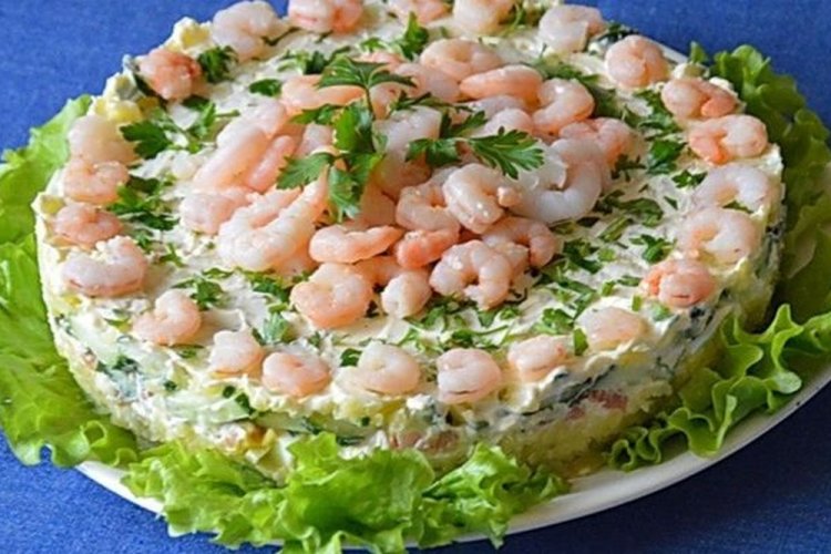 Layered Shrimp, Red Fish, and Cucumber Salad