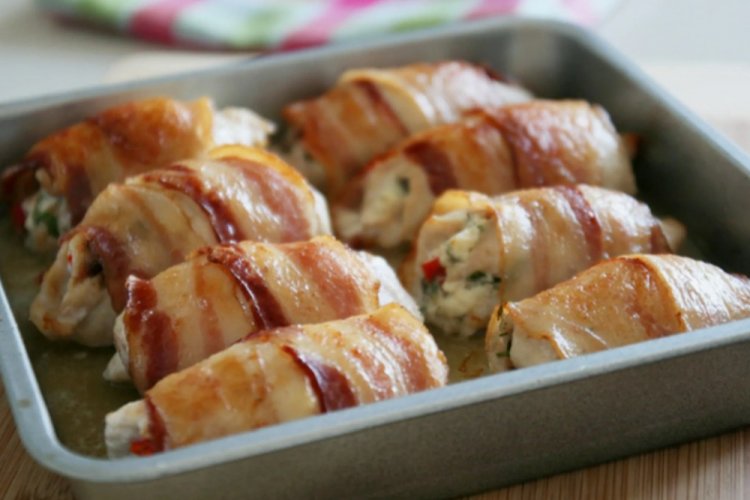 Chicken Rolls with Feta and Herbs in Bacon