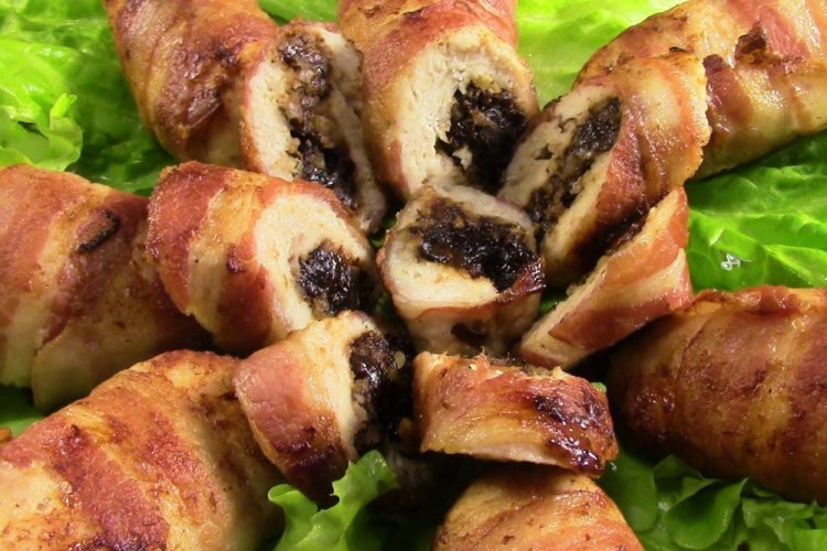 Chicken Rolls with Prunes and Walnuts in Bacon