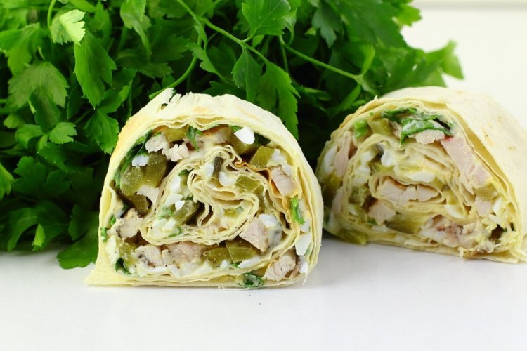 Chicken Lavash Roll with Mushrooms and Pickled Cucumbers