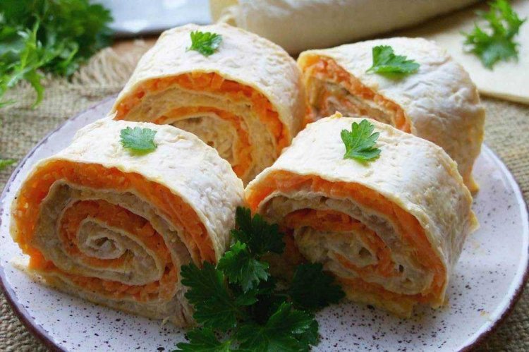Lavash Roll with Chicken Liver and Korean Carrots