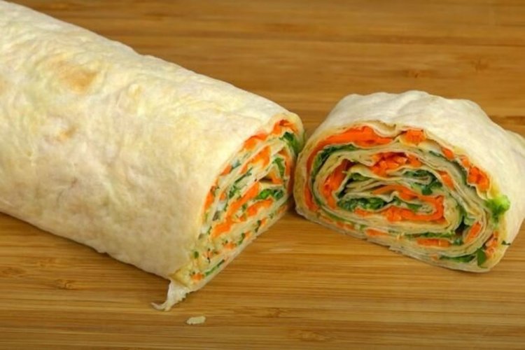 Lavash Roll with Korean Carrots, Cheese, and Green Onions