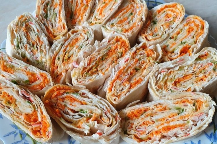 Lavash Roll with Boiled Sausage and Korean Carrots