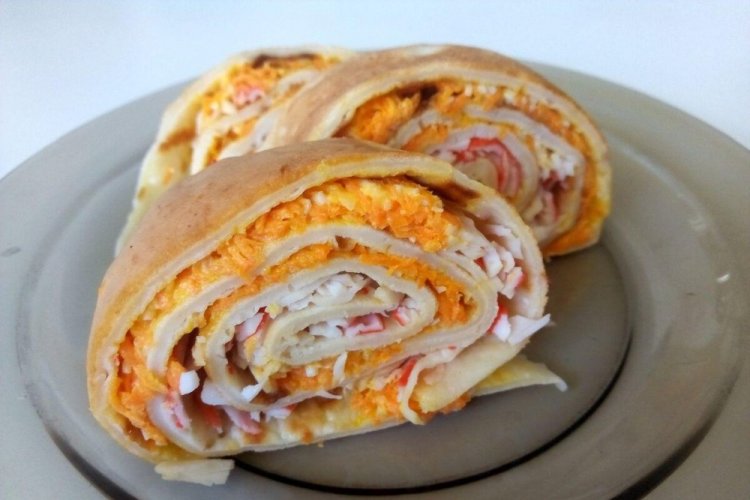 Lavash Roll with Crab Sticks and Korean Carrots