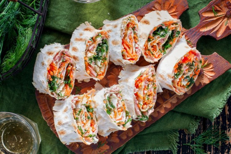 Lavash Roll with Korean Carrots, Tomato, and Ham