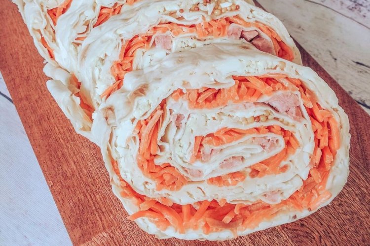 Lavash Roll with Smoked Sausage and Korean Carrots