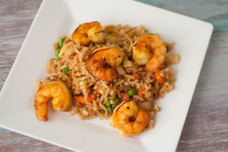Shrimp with Rice in Soy Sauce in a Pan