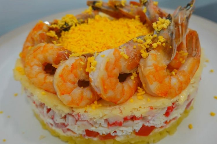 Layered Salad with Shrimp and Crab Sticks