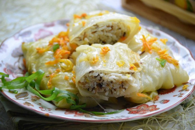 Cabbage Rolls with Rice and Mushrooms in the Oven