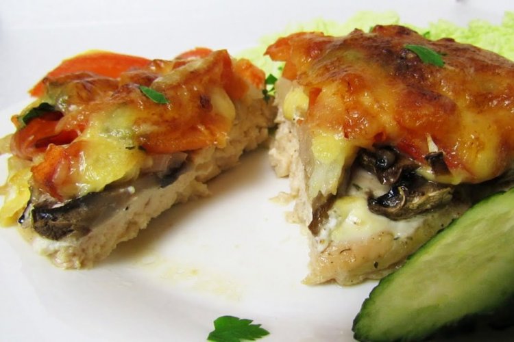 Turkey Fillet with Mushrooms and Cheese in the Oven