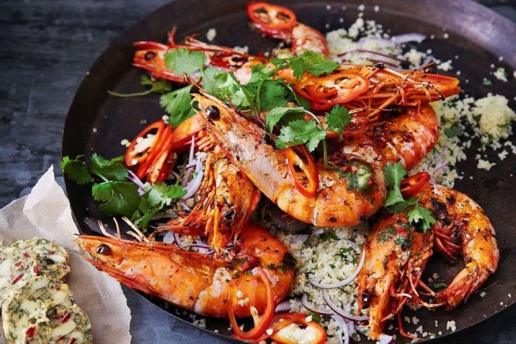 Grilled Langoustines Marinated in Orange Juice with Cognac