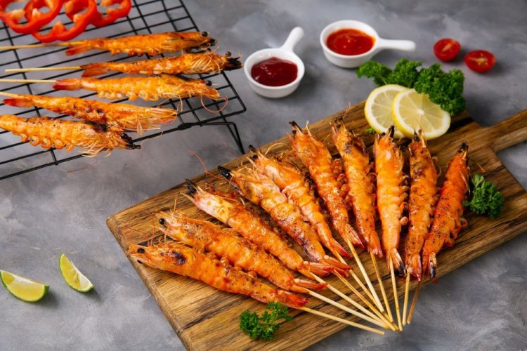 Grilled Langoustines on Skewers in Honey-Mustard Marinade