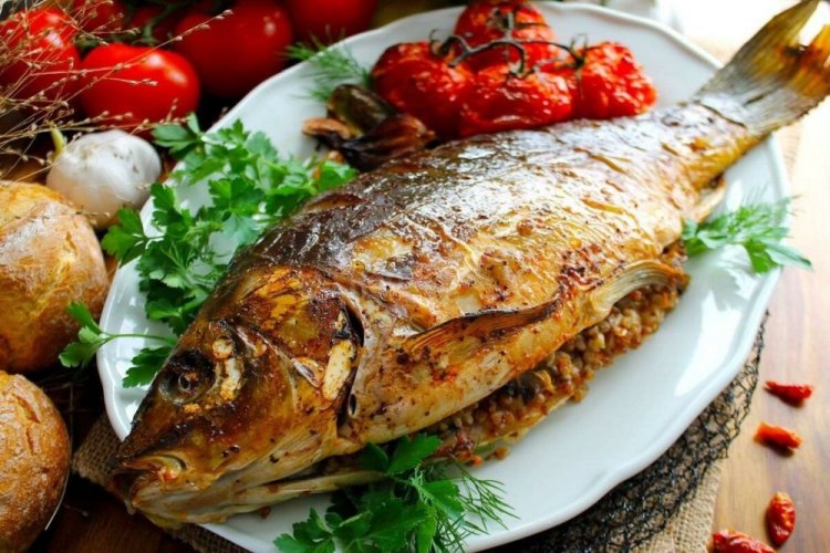 Grilled Carp Stuffed with Buckwheat and Mushrooms