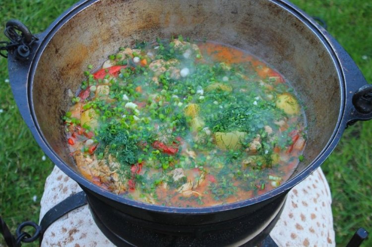 Sopa de pollo en caldero a la lumbre