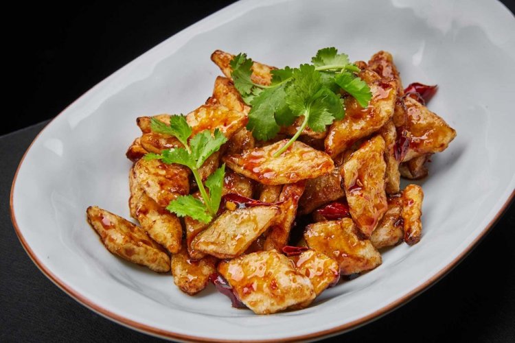 Battered Eggplants in Sweet and Sour Sauce