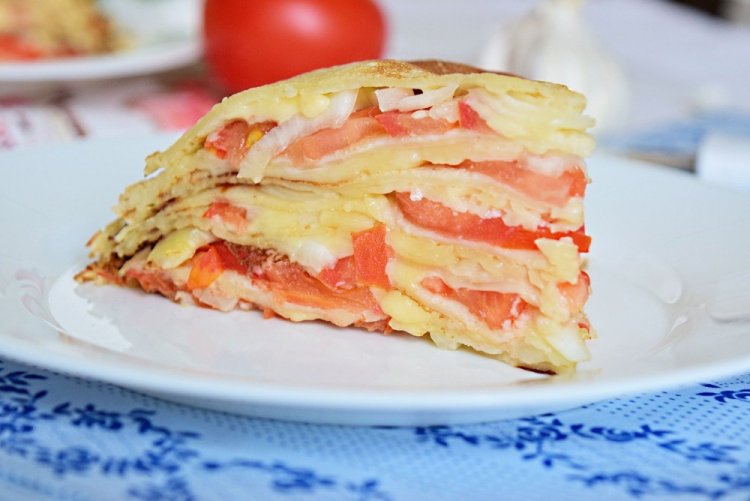 Pancake Cake with Tomatoes and Suluguni Cheese