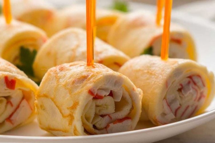Pancake Rolls with Crab Sticks and Eggs