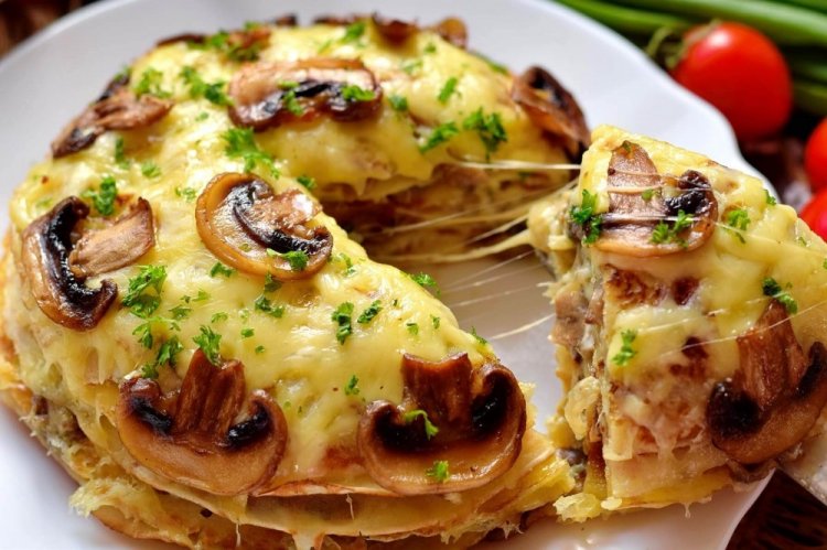 Pancake Cake with Mushrooms and Cheese