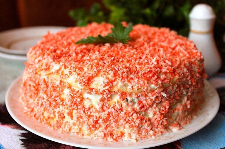 Pancake Cake with Crab Sticks and Vegetables