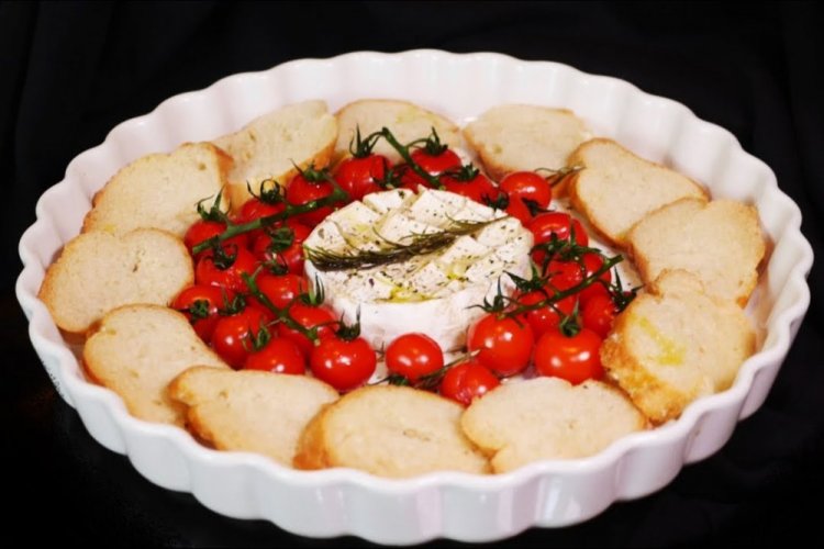 Baked Brie Cheese with Cherry Tomatoes in the Oven