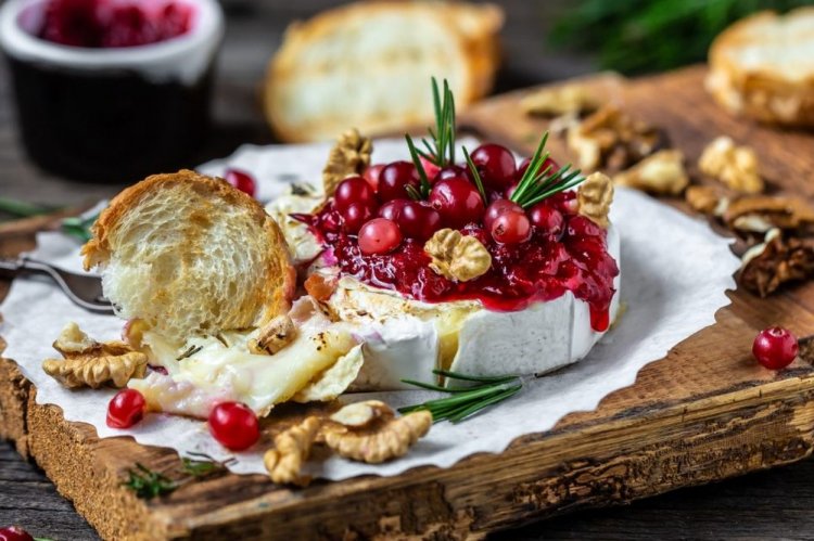 Baked Brie Cheese with Honey and Cranberries in the Oven