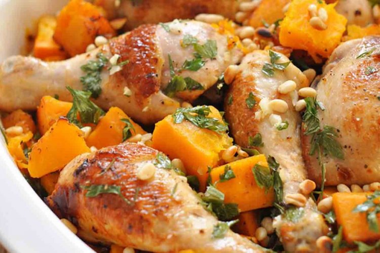 Pollo con calabaza en salsa de miel y mostaza