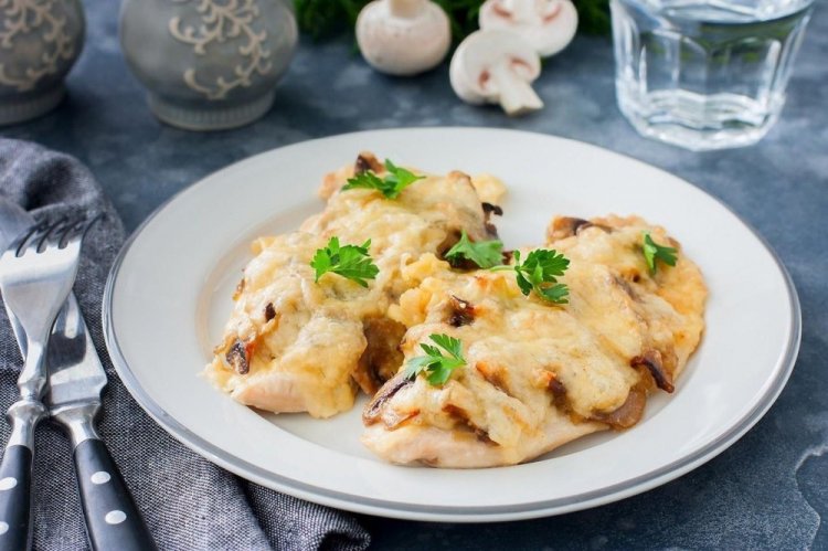 Chicken Fillet with Mushrooms and Cheese in the Oven