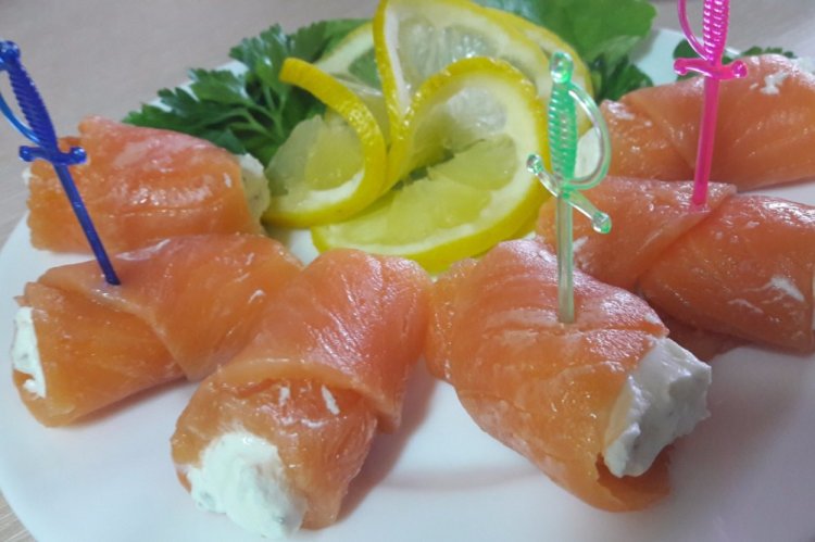 Salmon Rolls with Cream Cheese on Skewers