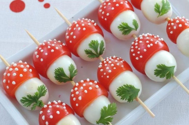 Mushroom-shaped Appetizer from Tomatoes and Quail Eggs on Skewers