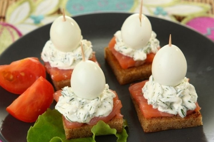Red Fish and Quail Egg Canapés on Skewers