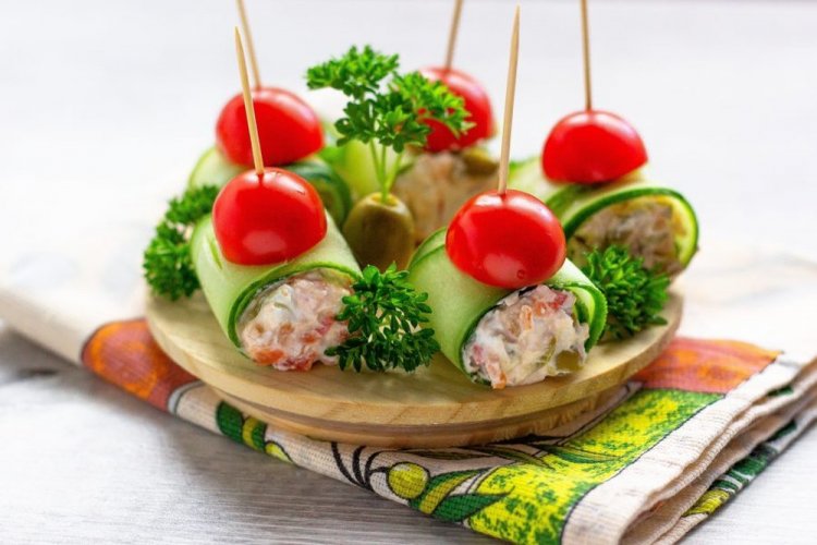 Cucumber Rolls with Salmon on Skewers
