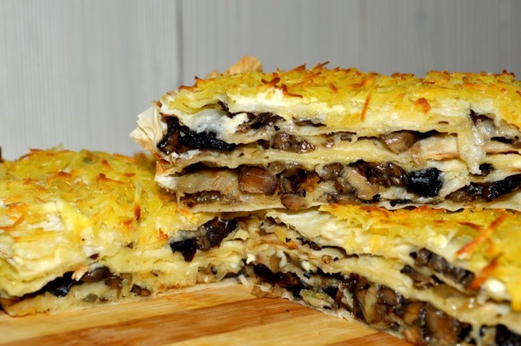 Layered Lavash Pie with Mushrooms