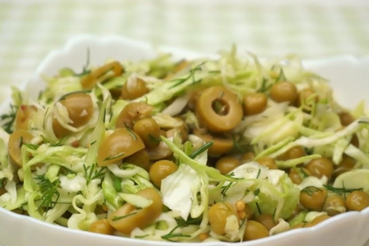 Young Cabbage Salad with Olives and Peas