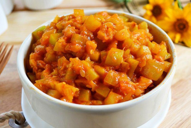Zucchini Caviar with Chunks in a Frying Pan