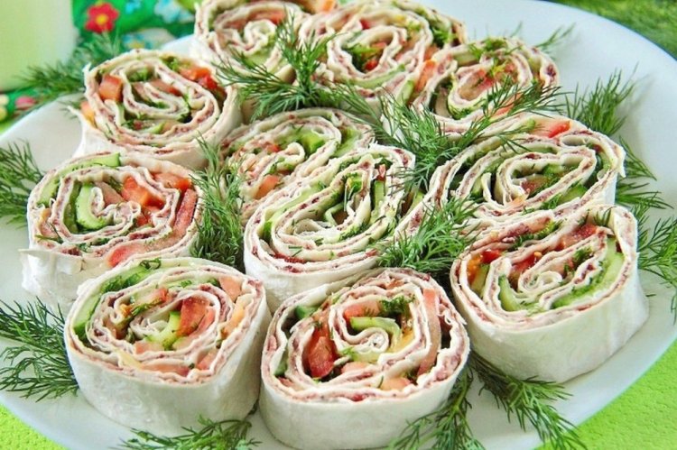 Lavash Roll with Cottage Cheese, Herbs, and Vegetables