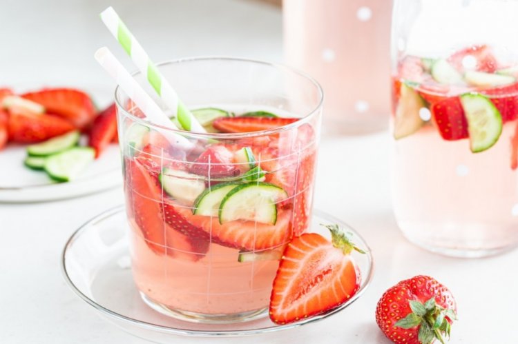 Lemonade with Strawberries, Cucumber, and Basil