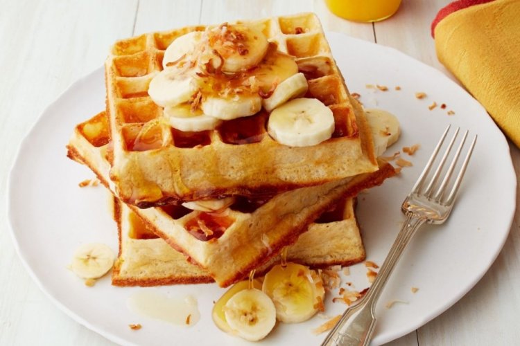 Banana and Coconut Flake Waffles with Yogurt