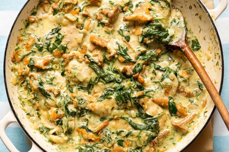 Pollo con champiñones y espinacas en sartén