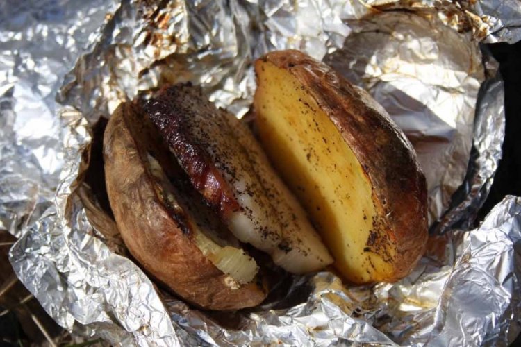 Potatoes with Salo (Pork Fatback) in Foil on Coals