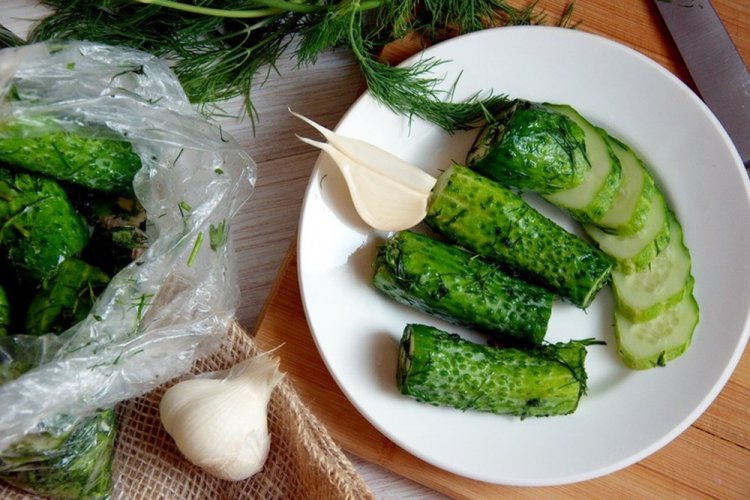 Cold Pickled Cucumbers in a Bag