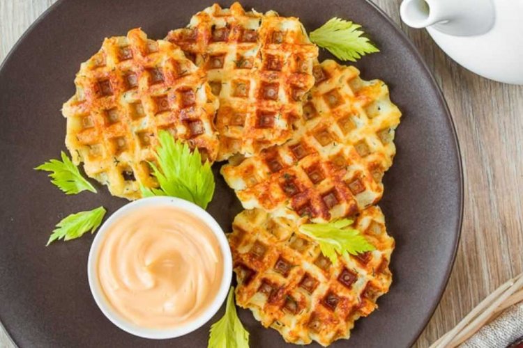 Potato Waffles with Ham and Cheese in a Waffle Maker